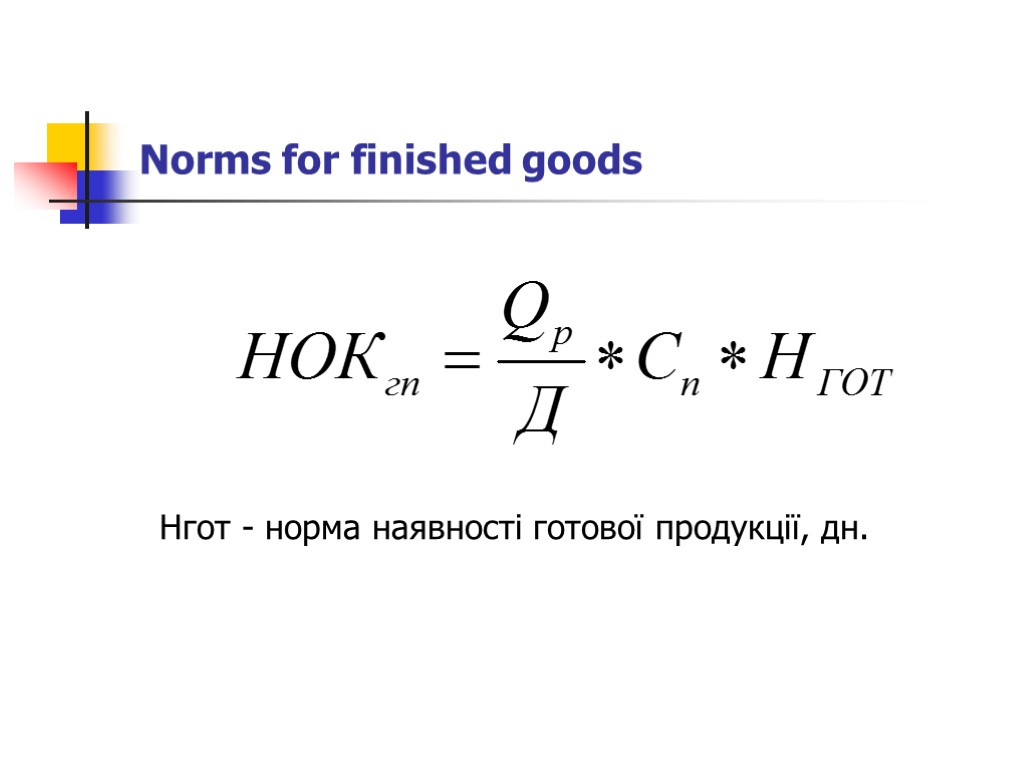 Norms for finished goods Нгот - норма наявності готової продукції, дн.